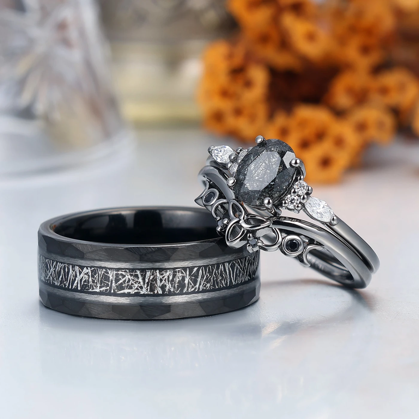 Vintage Oval Natural Black Rutilated Quartz Couple Ring Set Black