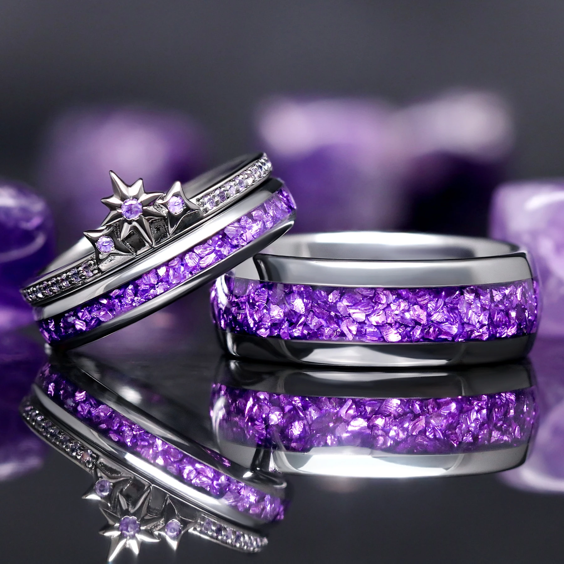 Amethyst Star Couples Ring Set - Unique Stacking Engagement & Wedding Bands