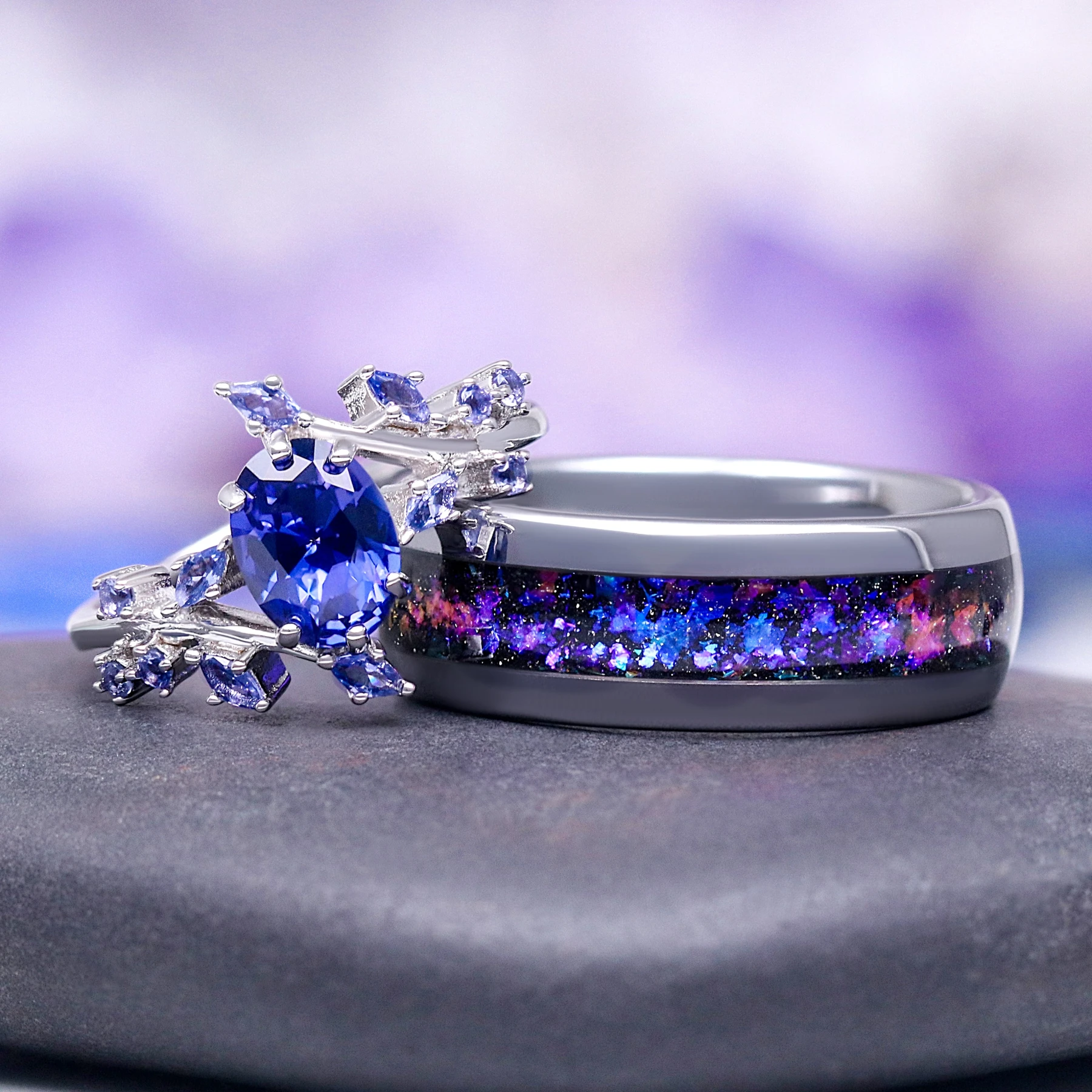 Galaxy Orion Nebula & Sapphire Couples Ring Set