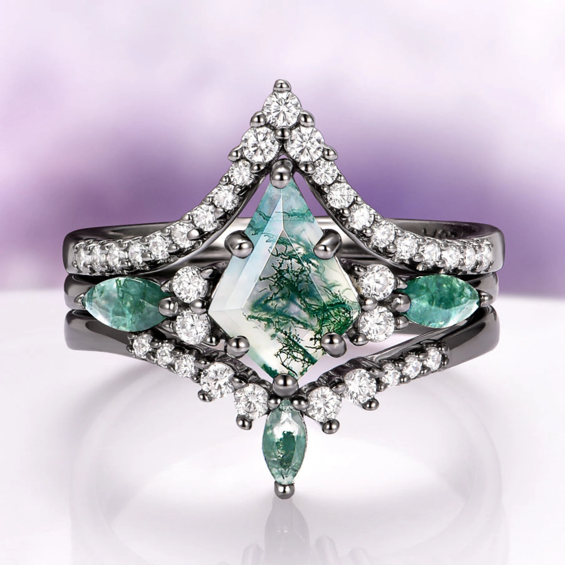 Skye Kite® Green Moss Agate Engagement Ring Set in Black Ruthenium (3-piece)