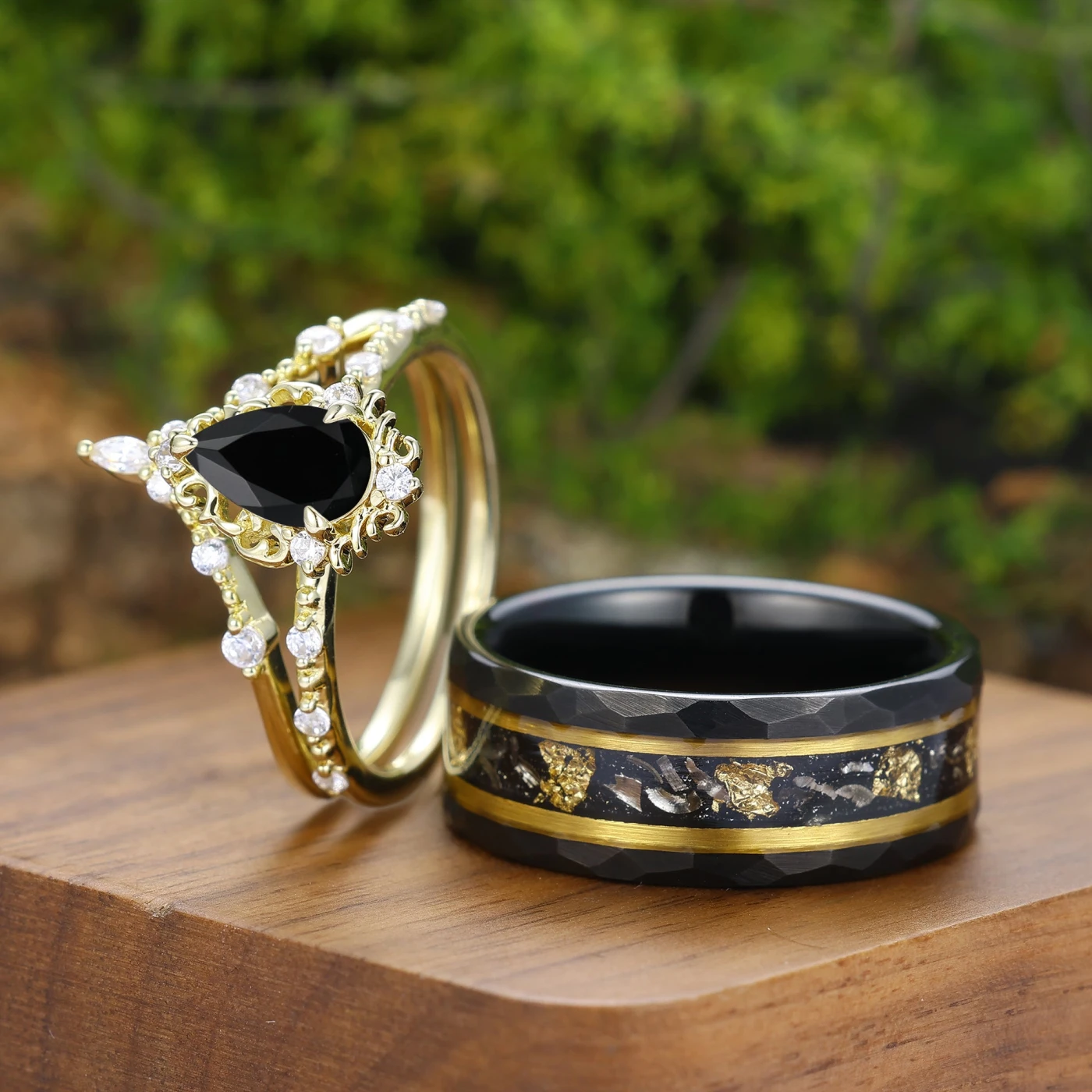Handmade Pear Shape Black Onyx Filigreed Couple Rings Gold Plated His And Hers Rings - view 5