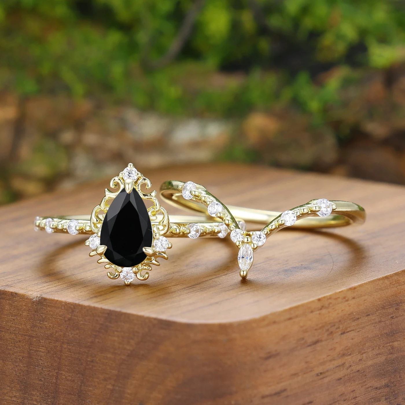 Handmade Pear Shape Black Onyx Filigreed Couple Rings Gold Plated His And Hers Rings - view 3