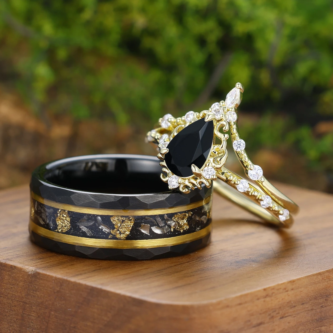 Handmade Pear Shape Black Onyx Filigreed Couple Rings Gold Plated His And Hers Rings - view 4