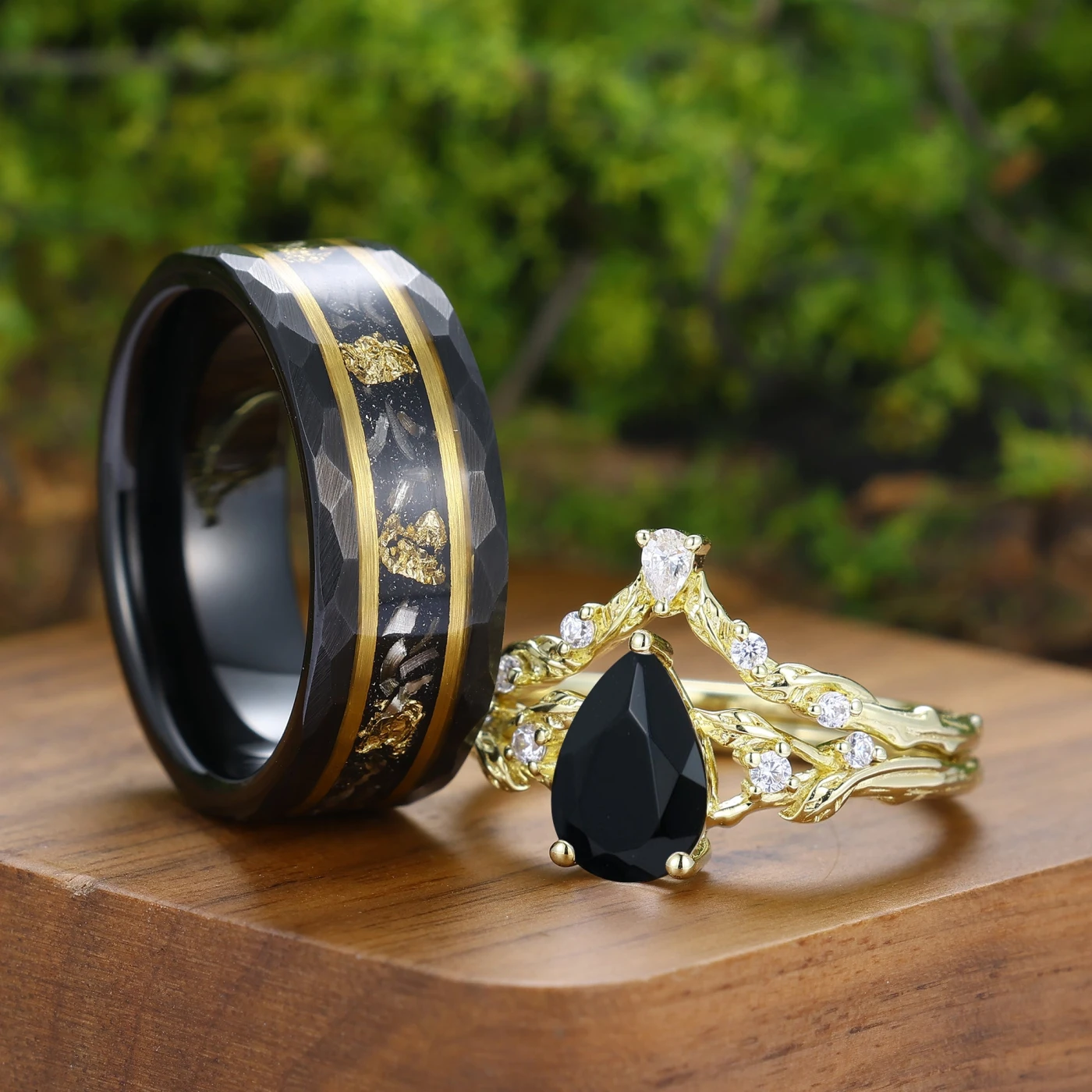Leaf-inspired Natural Couple Ring Set Brilliant Gold Plated Rings For Him And Her