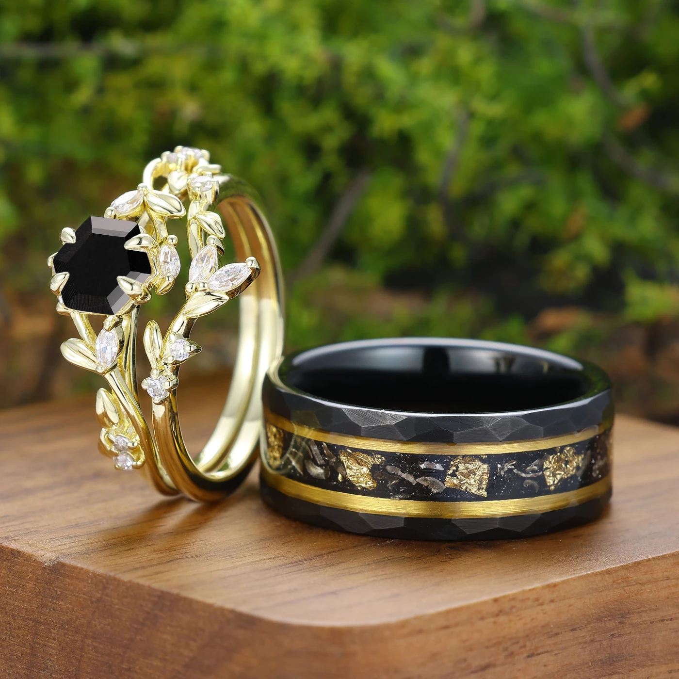 Exquisite Natural Inspired Black Onyx Couple Ring Set Unique Leaf Design His And Hers Rings - view 5