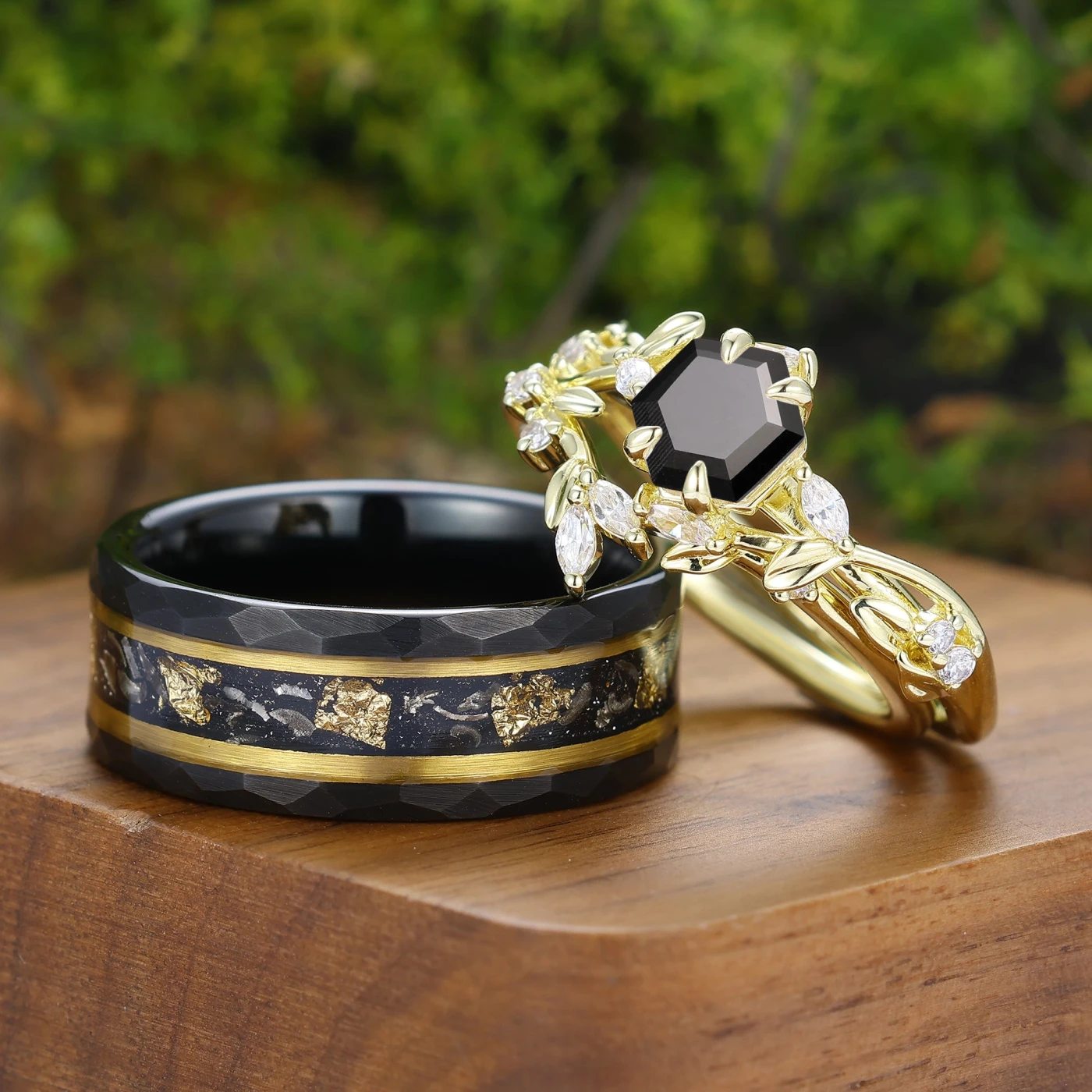 Exquisite Natural Inspired Black Onyx Couple Ring Set Unique Leaf Design His And Hers Rings - view 4