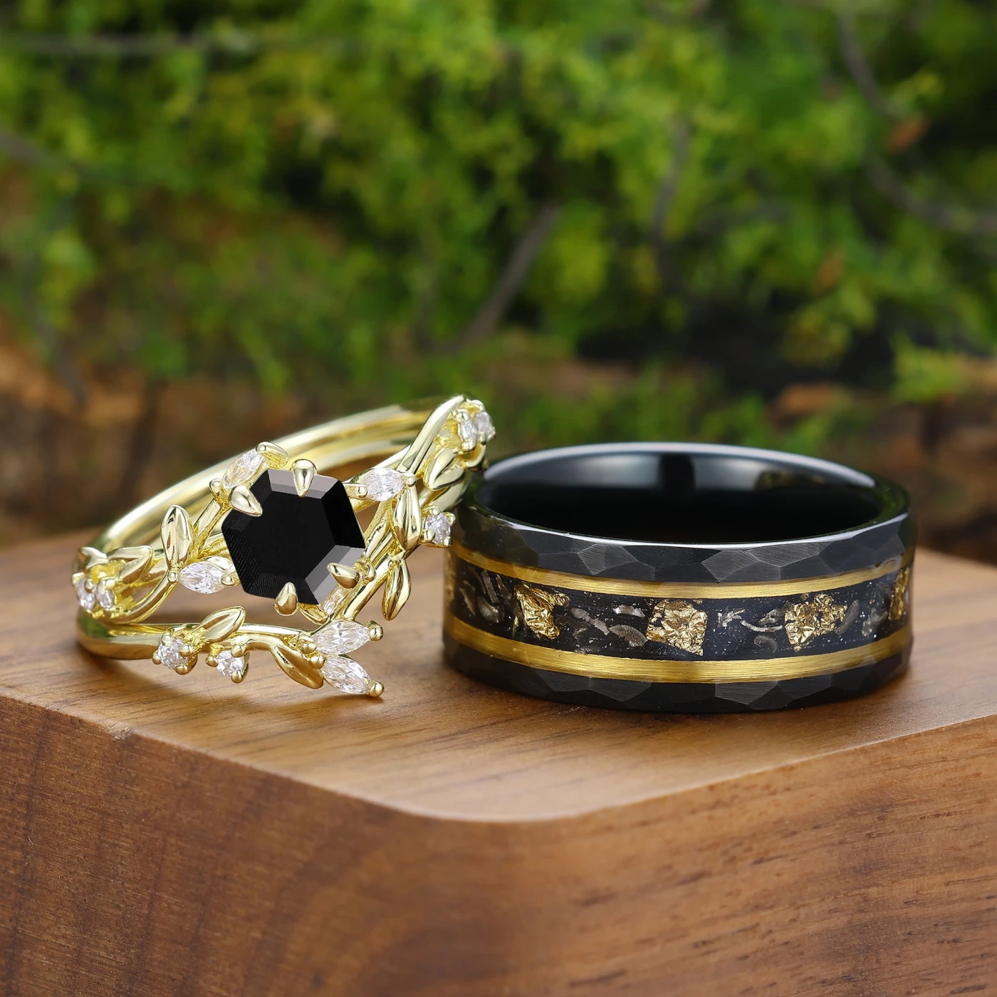 Exquisite Natural Inspired Black Onyx Couple Ring Set Unique Leaf Design His And Hers Rings - view 2