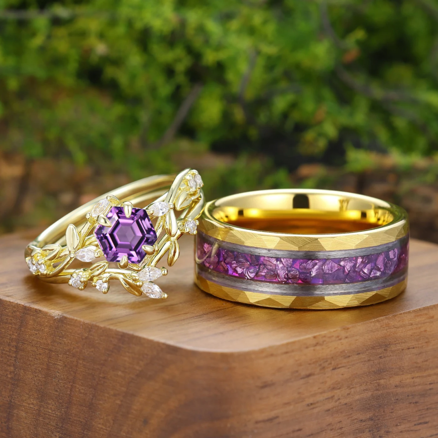 Organic Leaf Engraved Natural Amethyst Couple Ring Set Floral