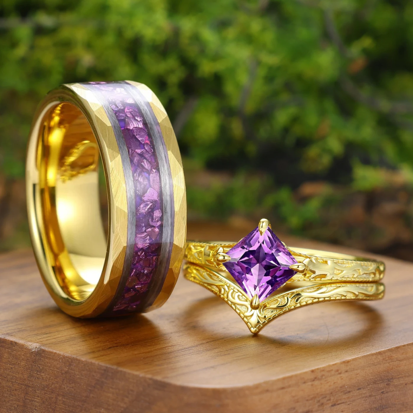 Vintage Filigree Engraved Square Natural Amethyst Couple Ring Set