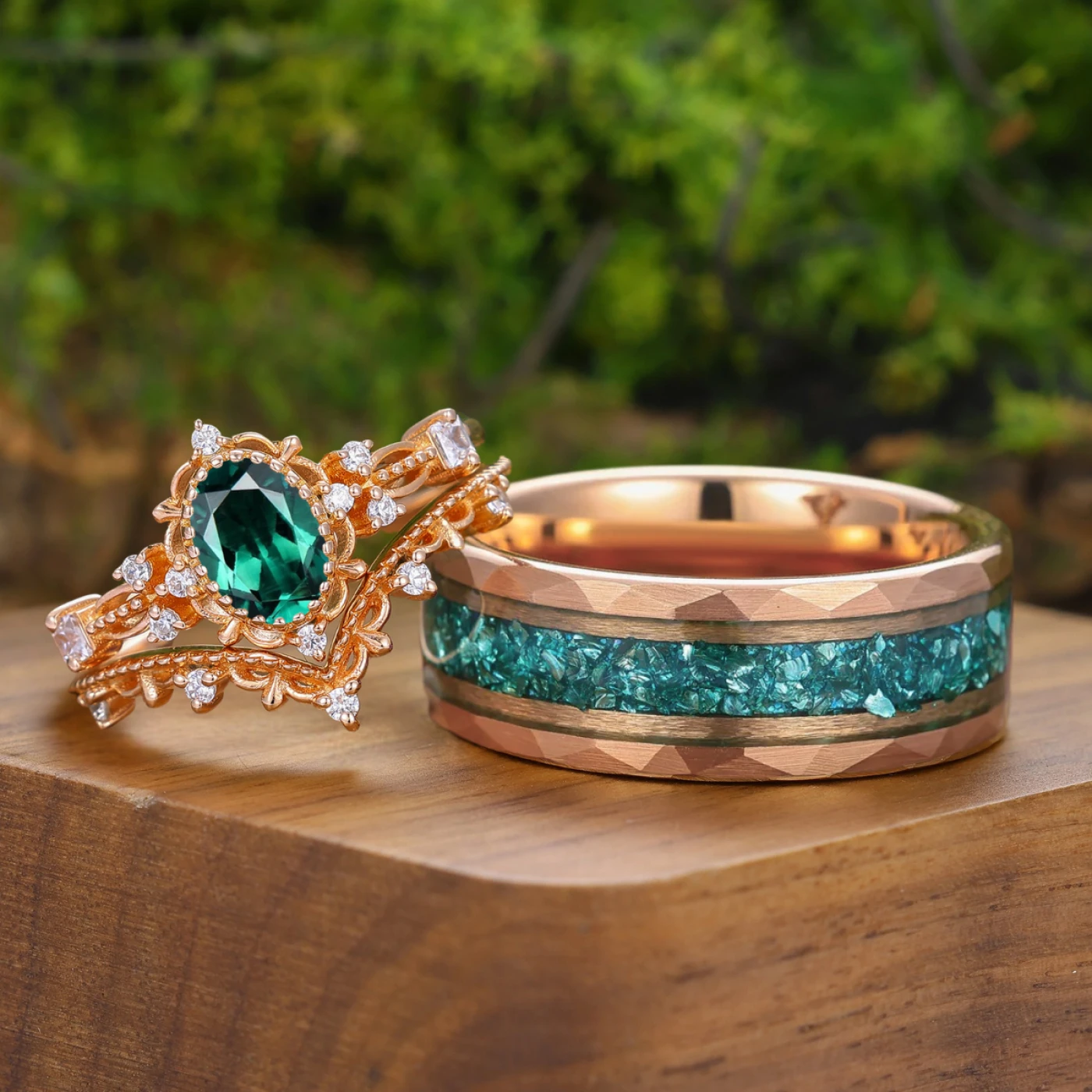 Vintage Oval Emerald Floral Couple Ring Set Vine Milgrained His and Hers Ring