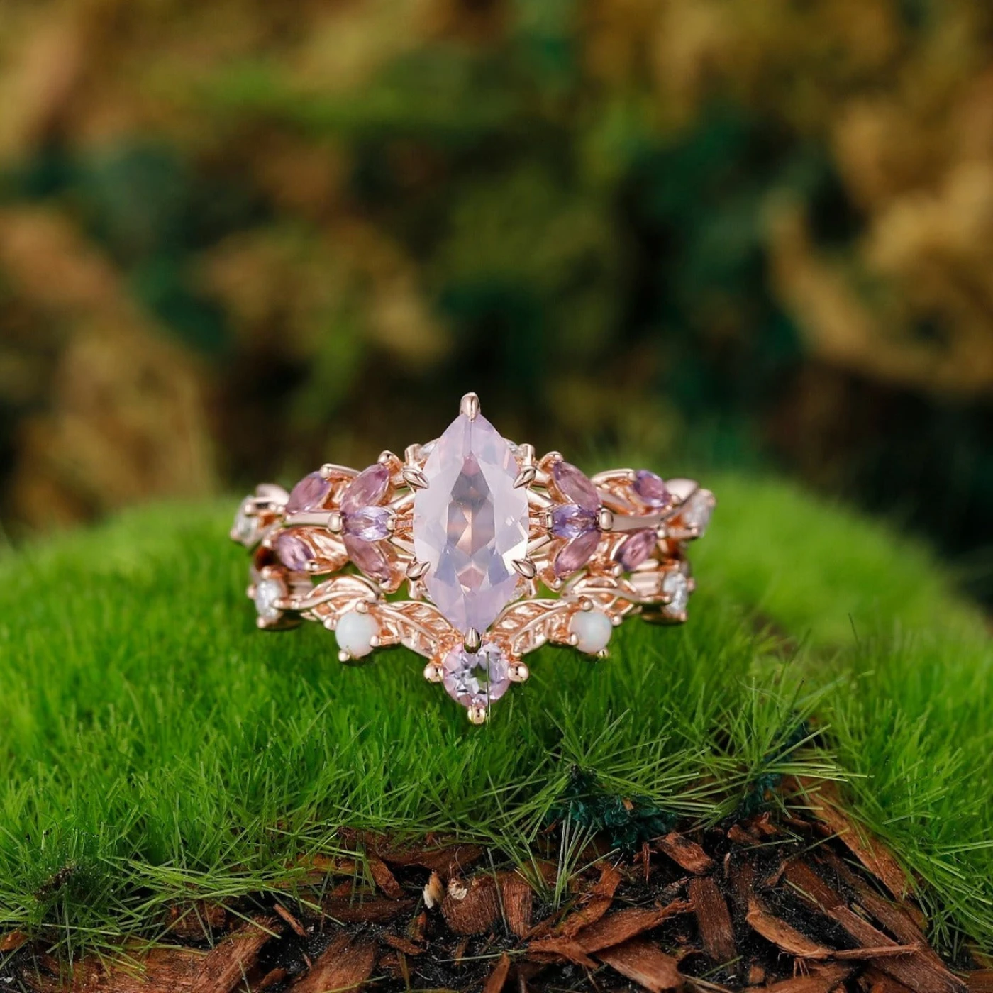 Vintage Leaf-inspired Marquise Cut Natural Lavender Amethyst Engagement Ring