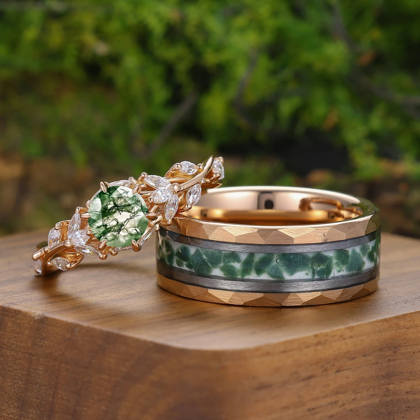 Nature-inspired Round Shape Moss Agate Couple Rings Brunch Design