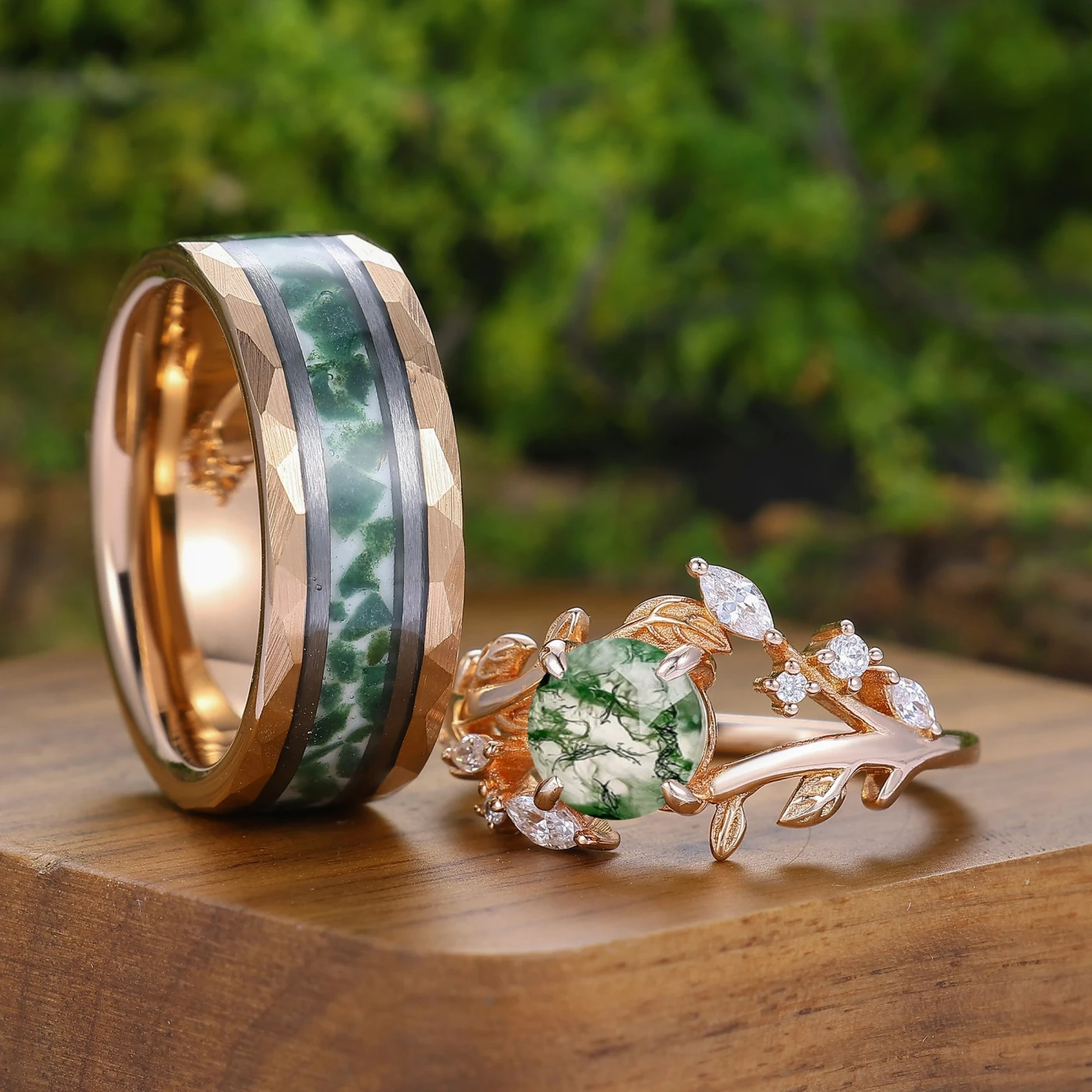 Leaf Motif Round Cut Natural Moss Agate Couple Rings Rose Gold Pleted His And Hers Rings - view 2
