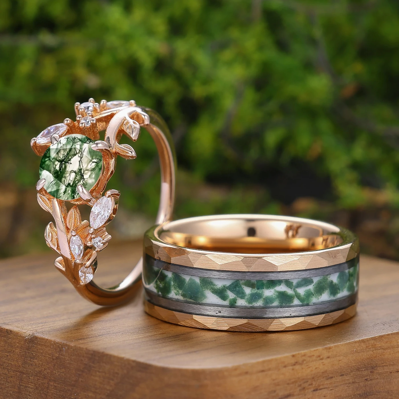 Leaf Motif Round Cut Natural Moss Agate Couple Rings Rose Gold Pleted His And Hers Rings - view 4