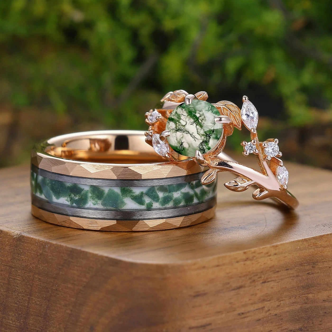 Leaf Motif Round Cut Natural Moss Agate Couple Rings Rose Gold Pleted His And Hers Rings - view 3