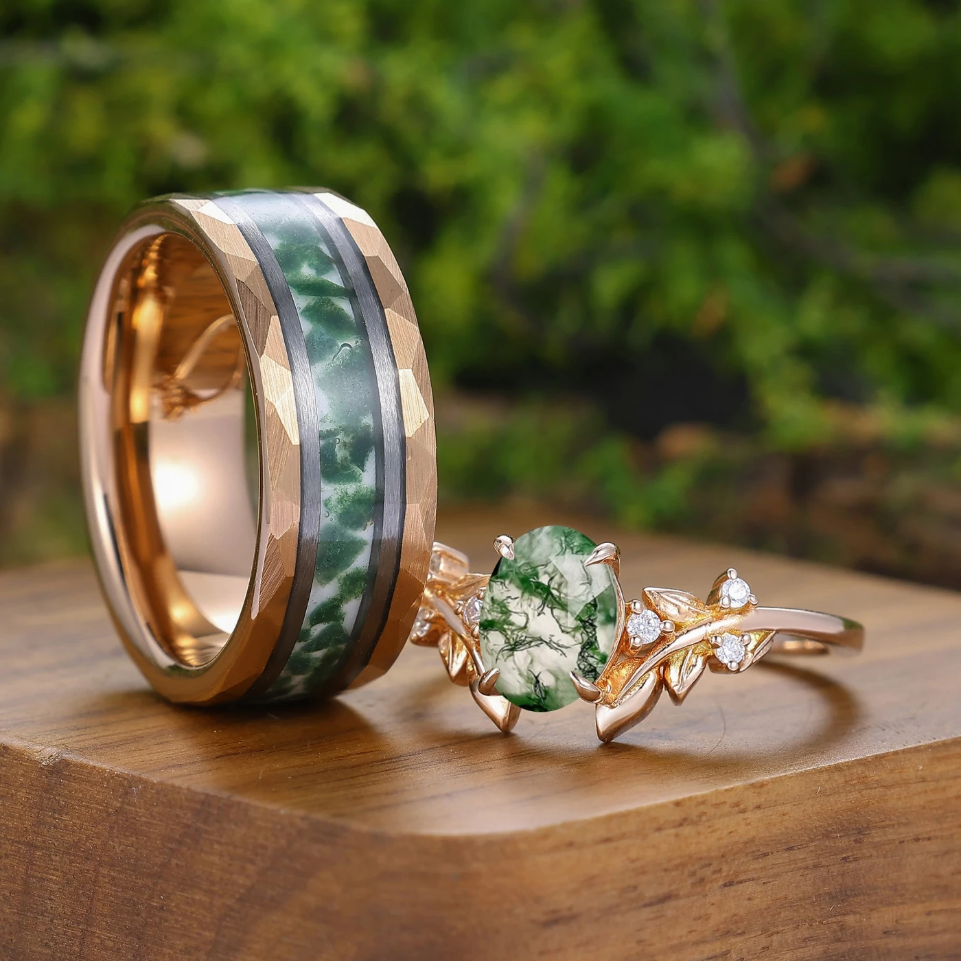 Unique Leaf Engraved Natural Moss Agate Couple Rings Silver And