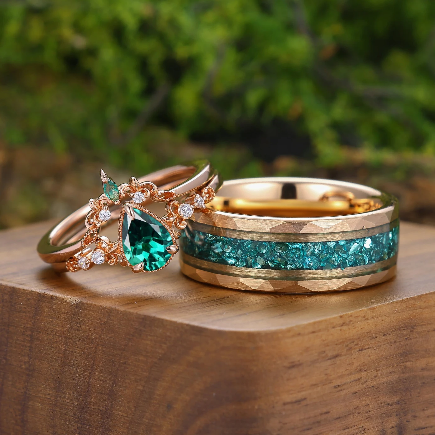 Exquisite Pear Cut Emerald Couple Ring Set Scrollwork Filigreed