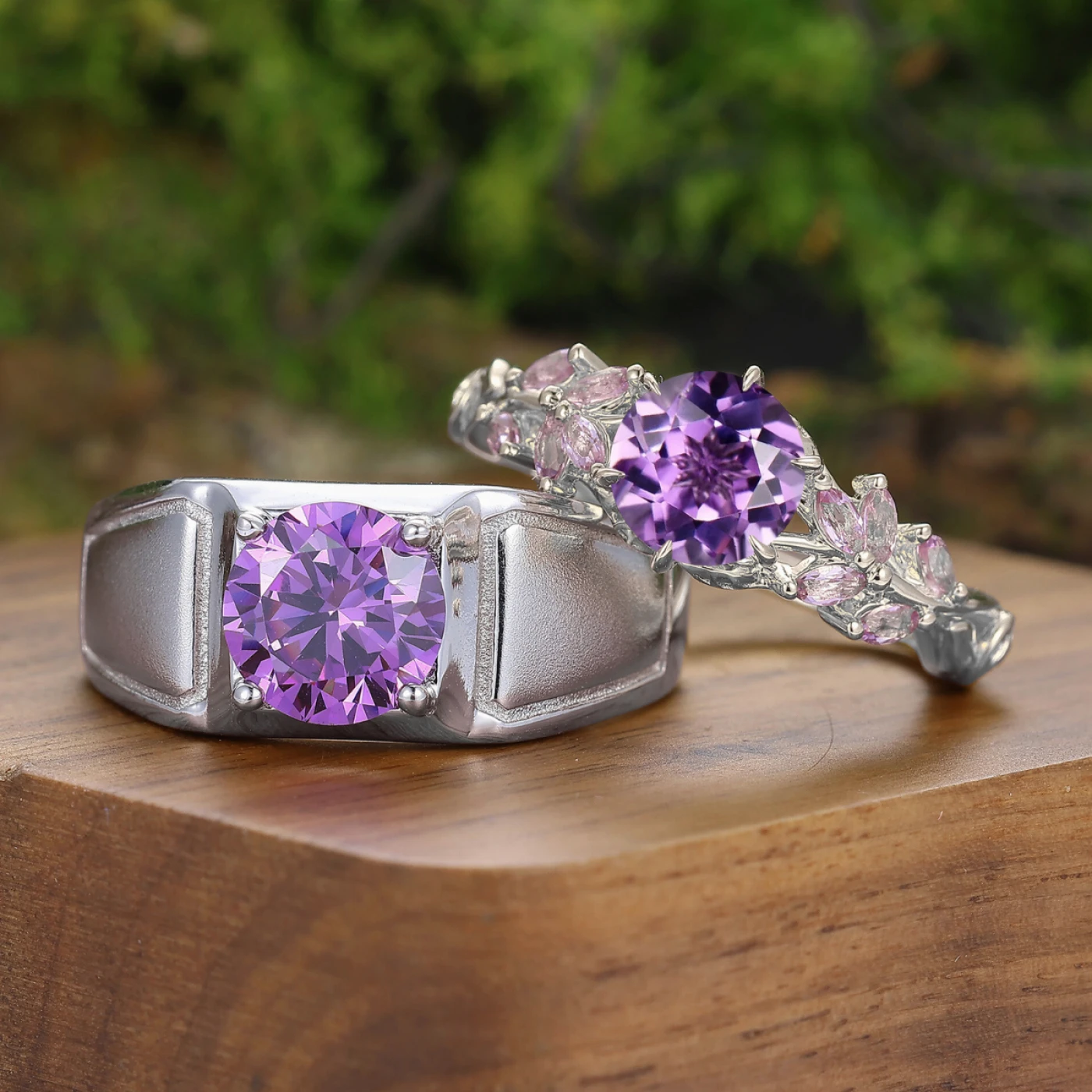 Leaf Inspired Round Natural Amethyst Couple Rings 925 Silver His And Hers Rings