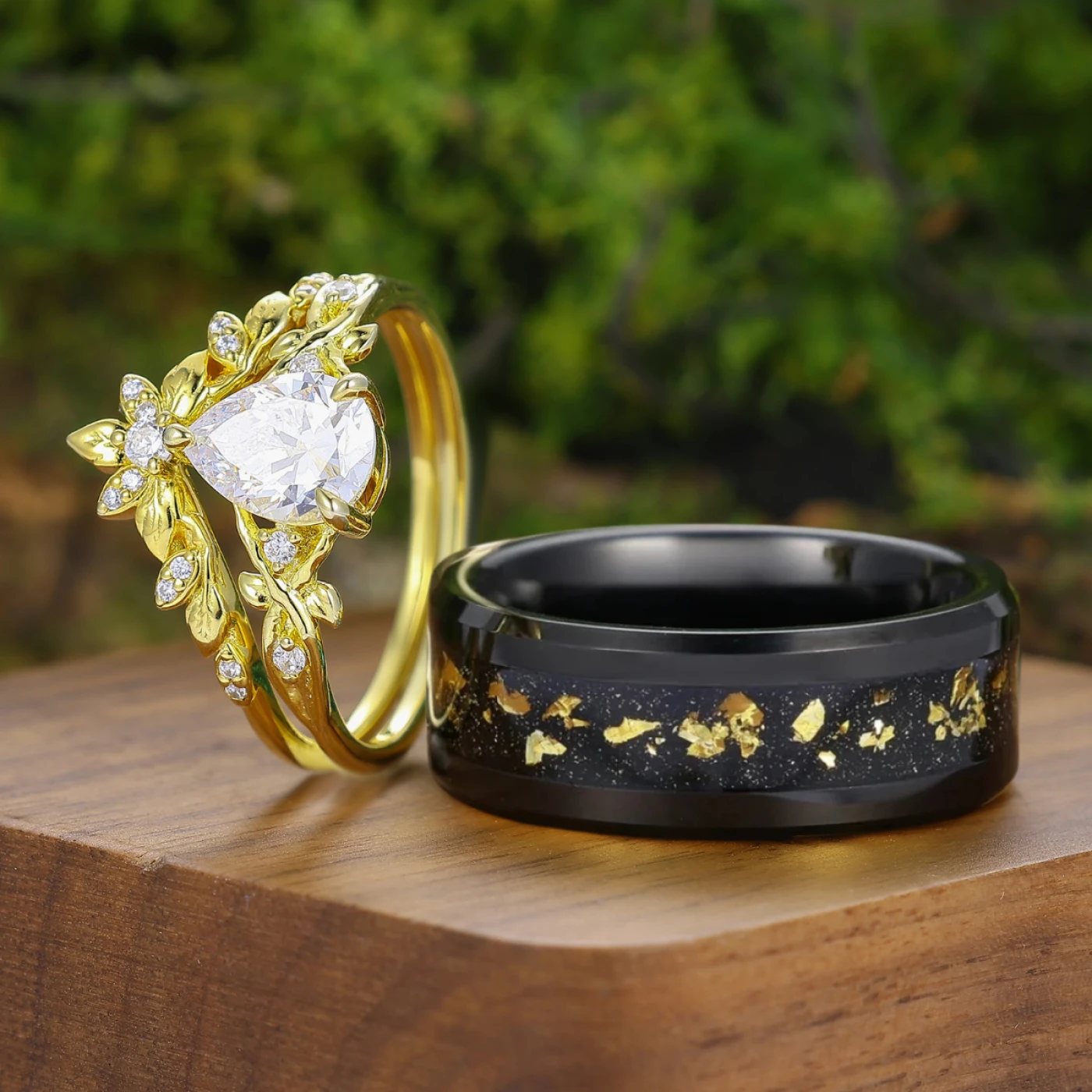 Natural Inspired Pear Shape Moissanite His And Hers Ring Set Leaf Engraved Couple Rings - view 5