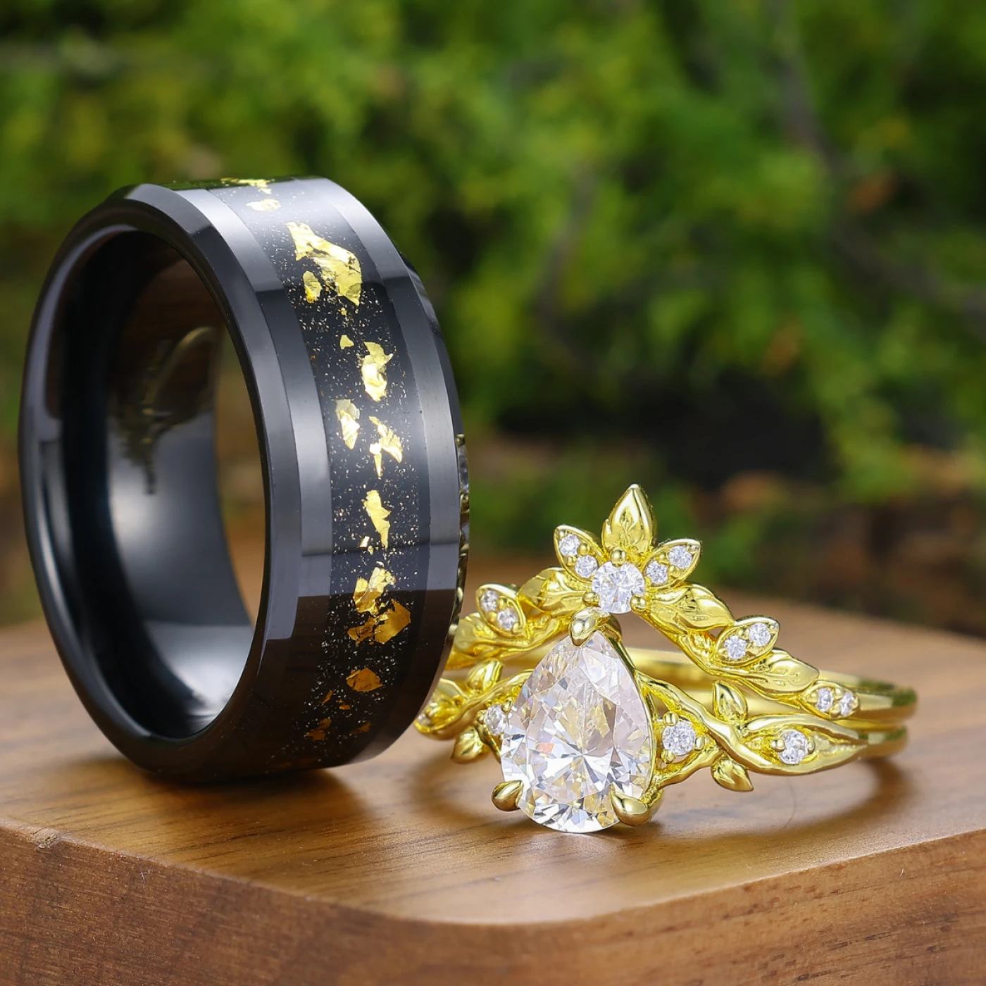 Natural Inspired Pear Shape Moissanite His And Hers Ring Set Leaf Engraved Couple Rings - view 2