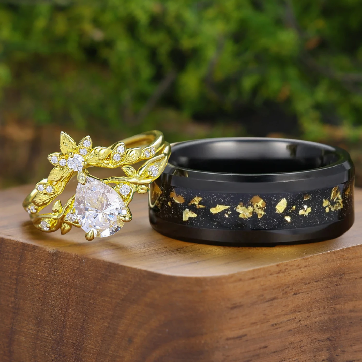 Natural Inspired Pear Shape Moissanite His And Hers Ring Set Leaf