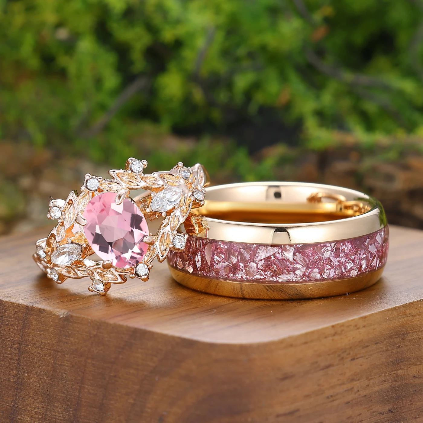 Vintage Oval Shape Pink Morganite Leaf Couple Rings Nature