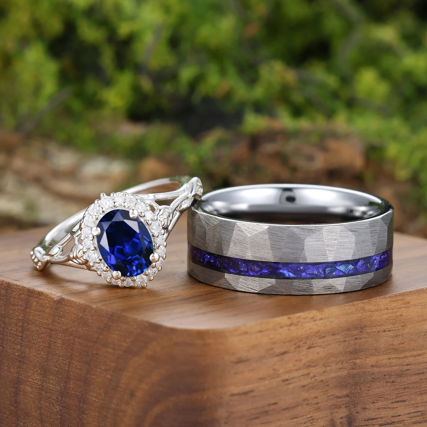 Exquisite Halo Oval Shape Sapphire His And Hers Rings Leaf Couple Rings