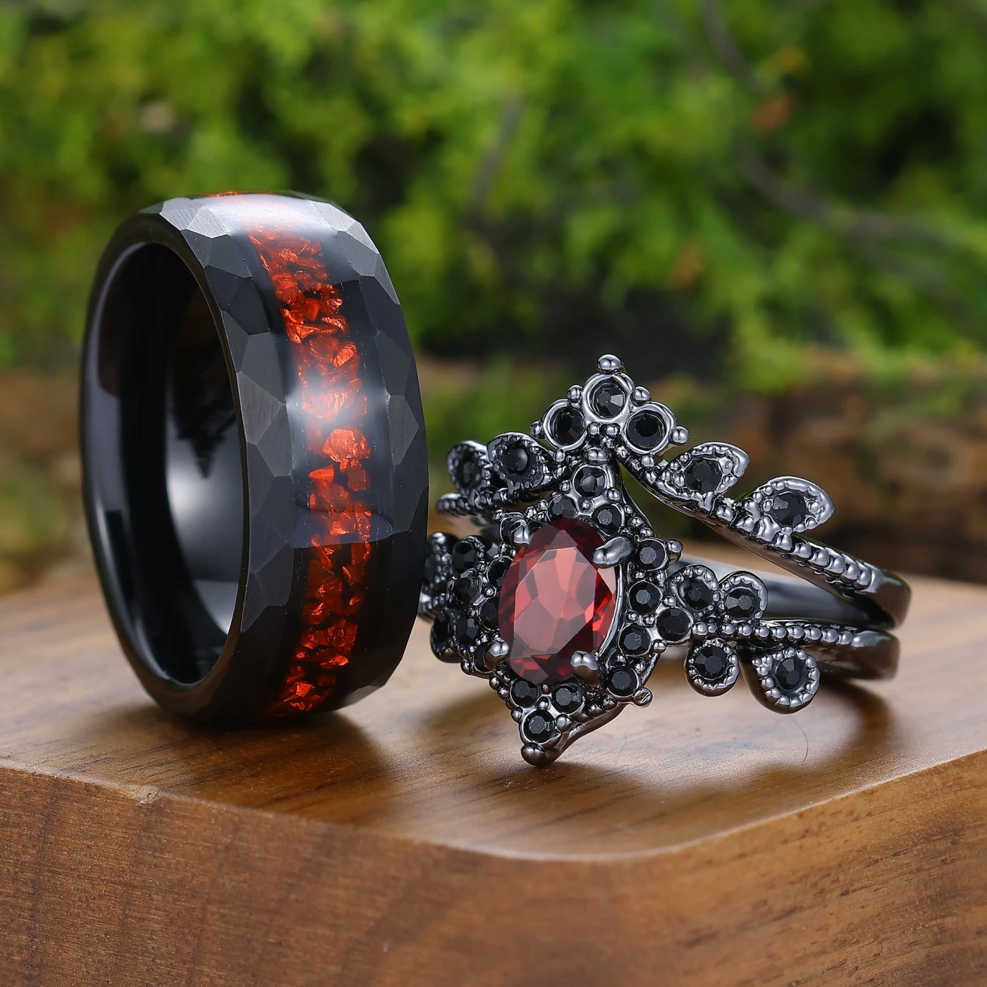 Gothic Red Garnet Floral Milgrained Couple Rings Black Plated Cluster Ring Set