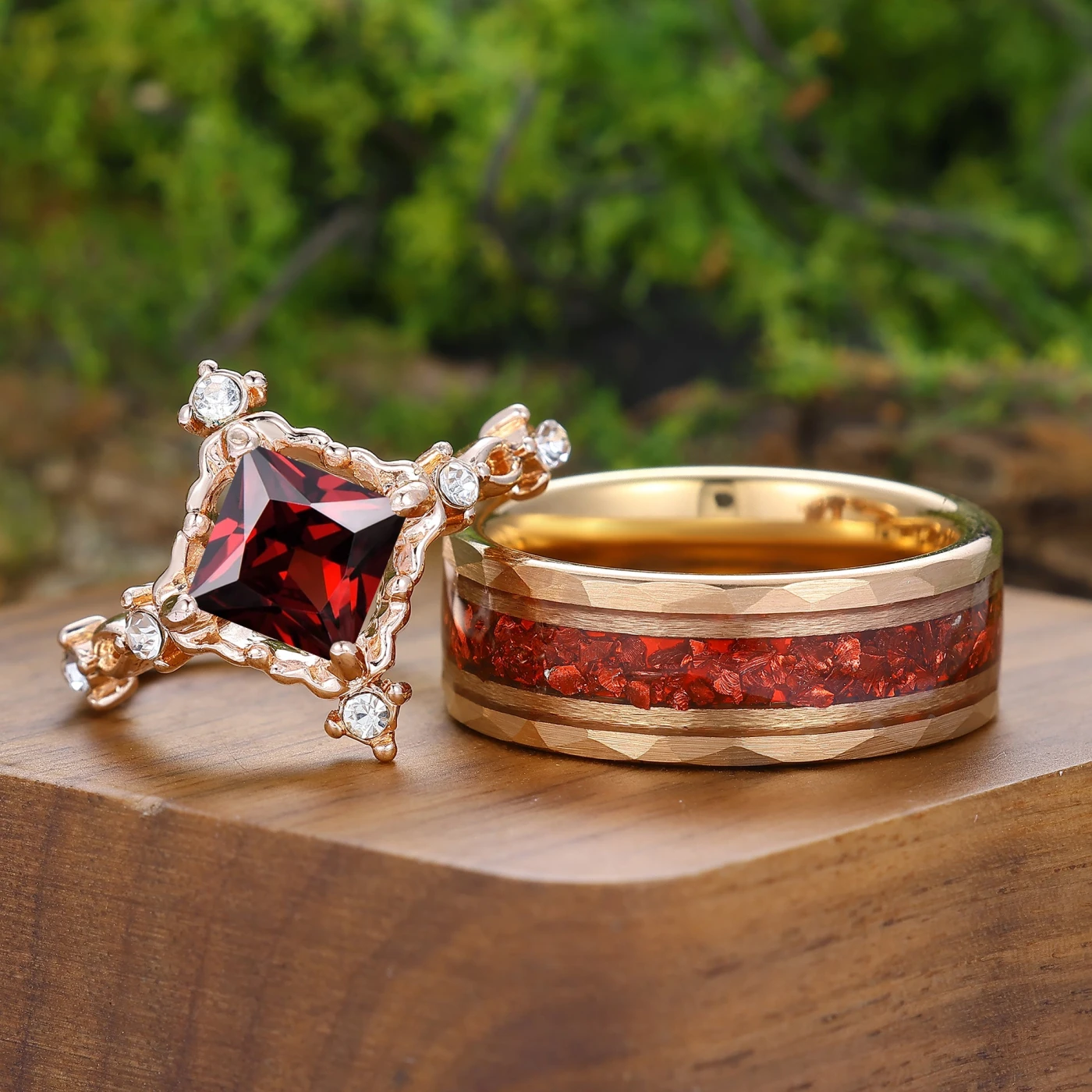 Unique Princess Cut Red Garnet Filigreed Couple Rings Rose Gold
