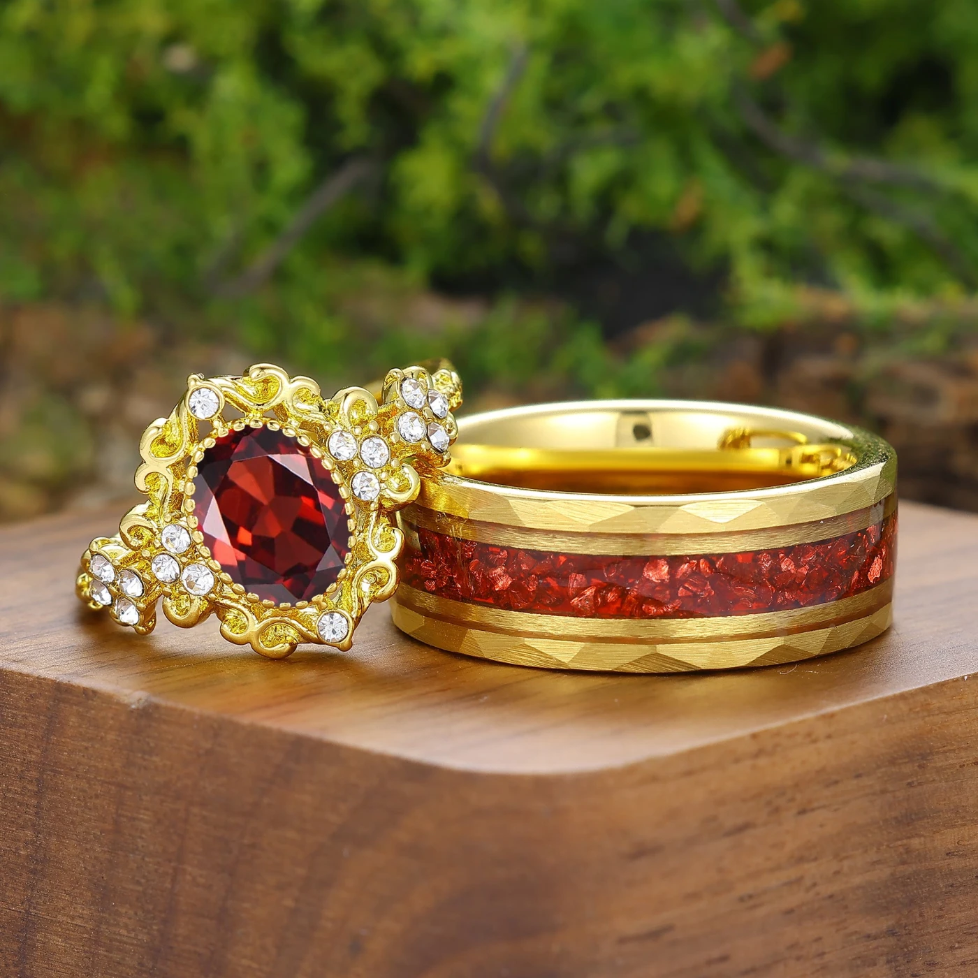 Art Deco Oval Red Garnet Scrollwork Couple Rings Vintage Floral