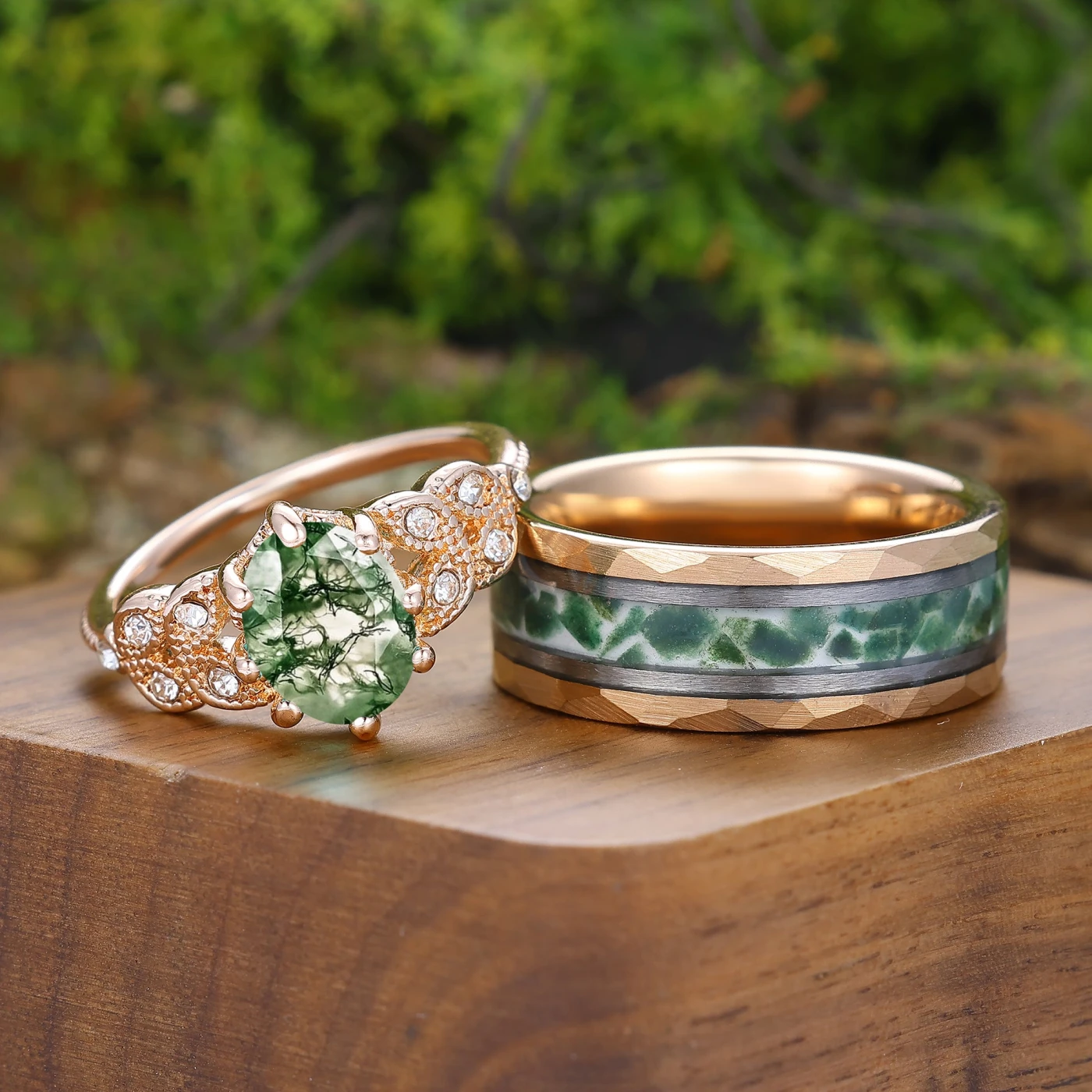 Natural Inspired Moss Agate Milgrained Ring Set For Him And Her Art