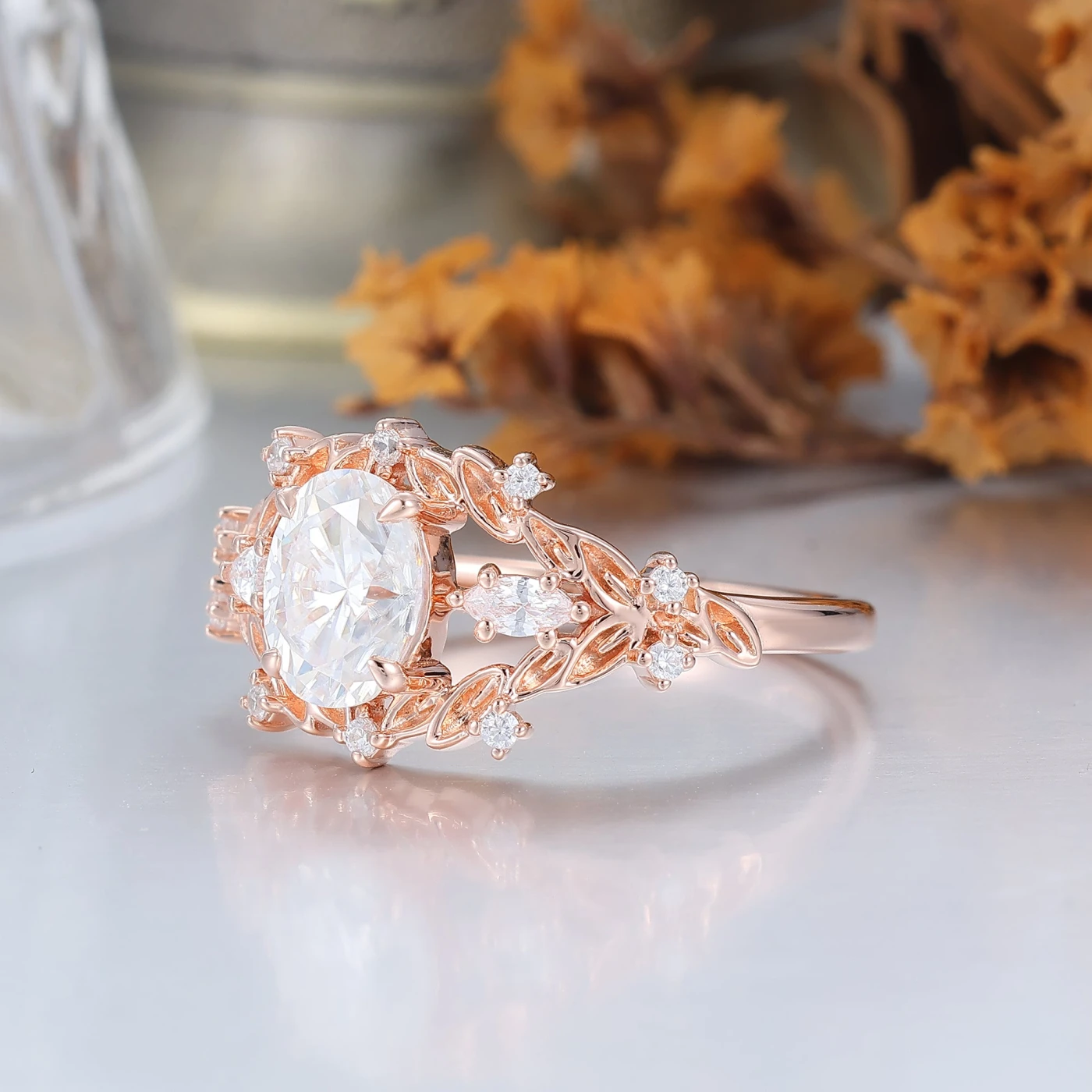 Vintage Leaf Engraved Oval Moissanite Couple Rings Natural Inspired His And Hers Rings - view 2