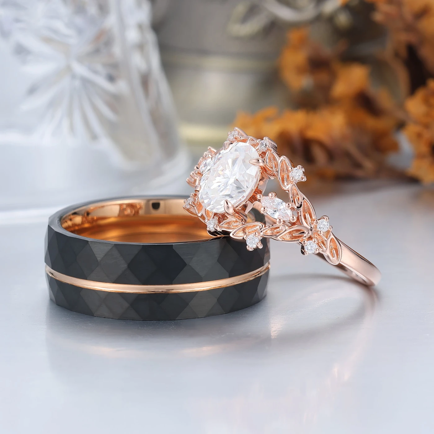 Vintage Leaf Engraved Oval Moissanite Couple Rings Natural Inspired His And Hers Rings - view 3