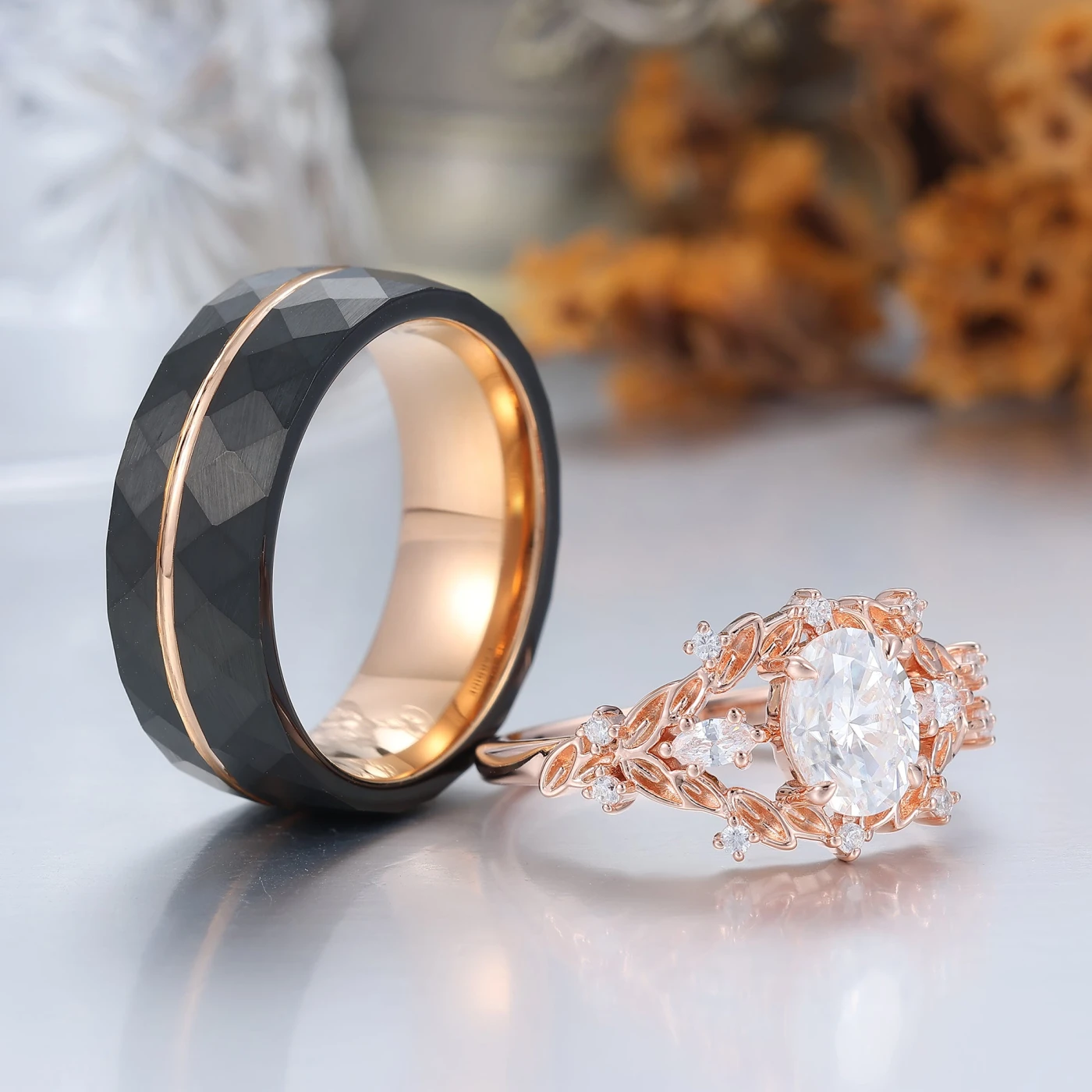 Vintage Leaf Engraved Oval Moissanite Couple Rings Natural Inspired His And Hers Rings - view 4