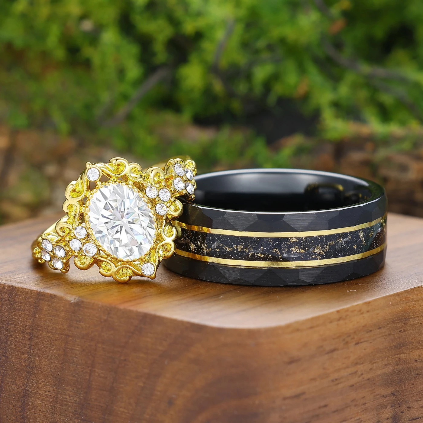 Baroque-inspired Filigreed Moissanite Gold Plated Couple Rings