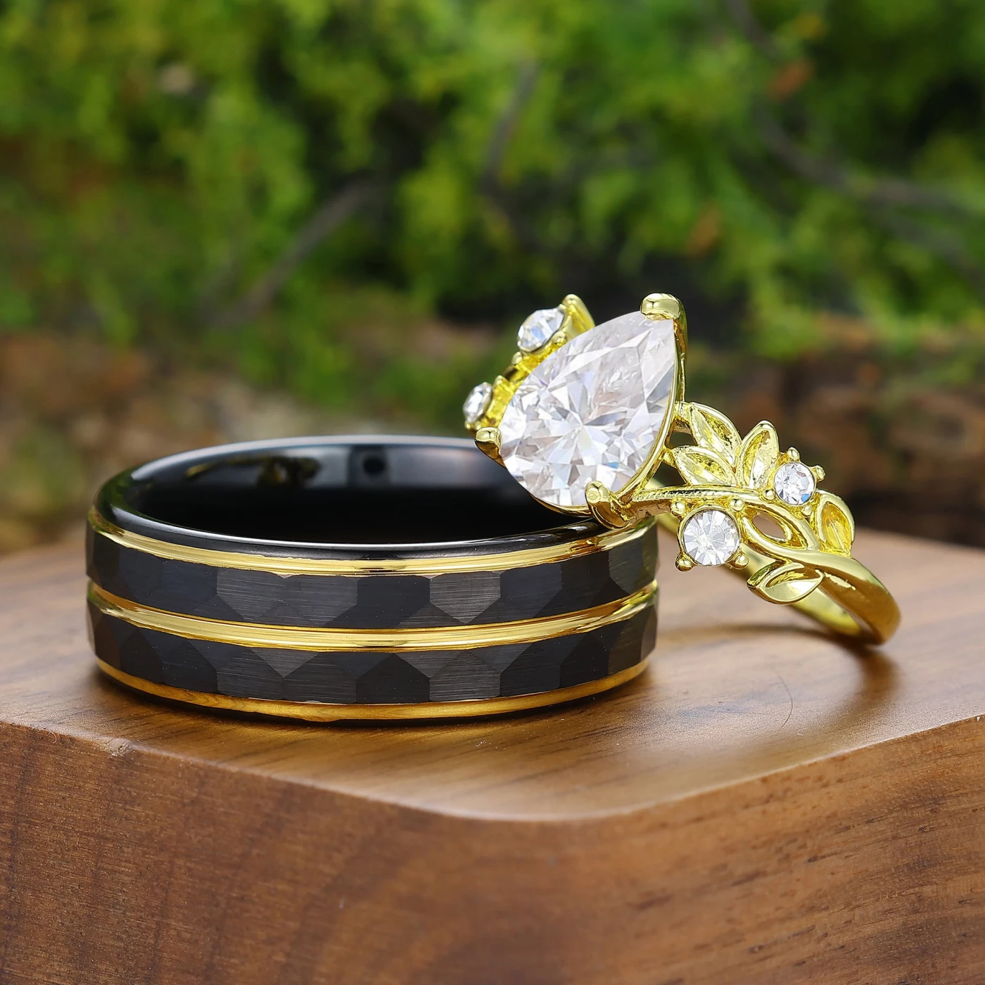 Exquisite Leaf Engraved Pear Shape Moissanite Gold Plated Couple Rings His And Hers Rings - view 3