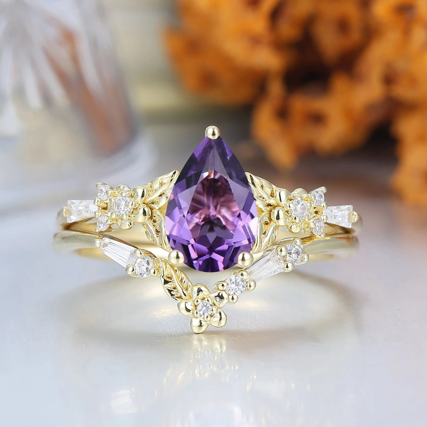 Nature Inspired Floral Bridal Ring Pear Cut Vintage Gold Ring Stacking Set