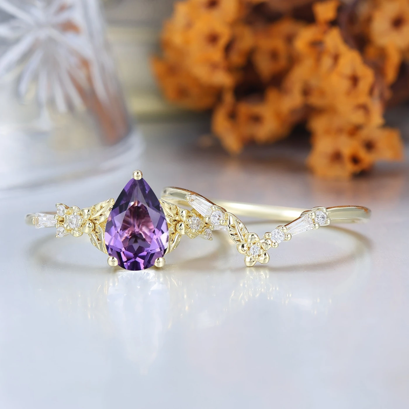 Nature Inspired Floral Amethyst Bridal Ring Pear Cut Vintage Gold Ring Stacking Set - view 4
