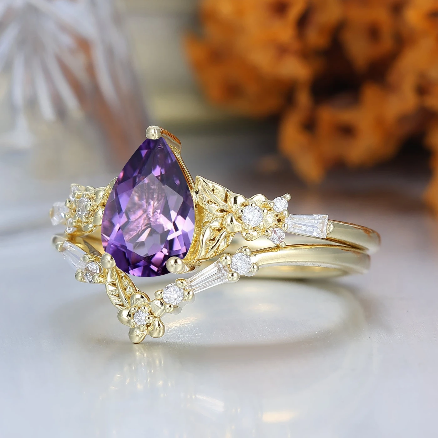 Nature Inspired Floral Amethyst Bridal Ring Pear Cut Vintage Gold Ring Stacking Set - view 3