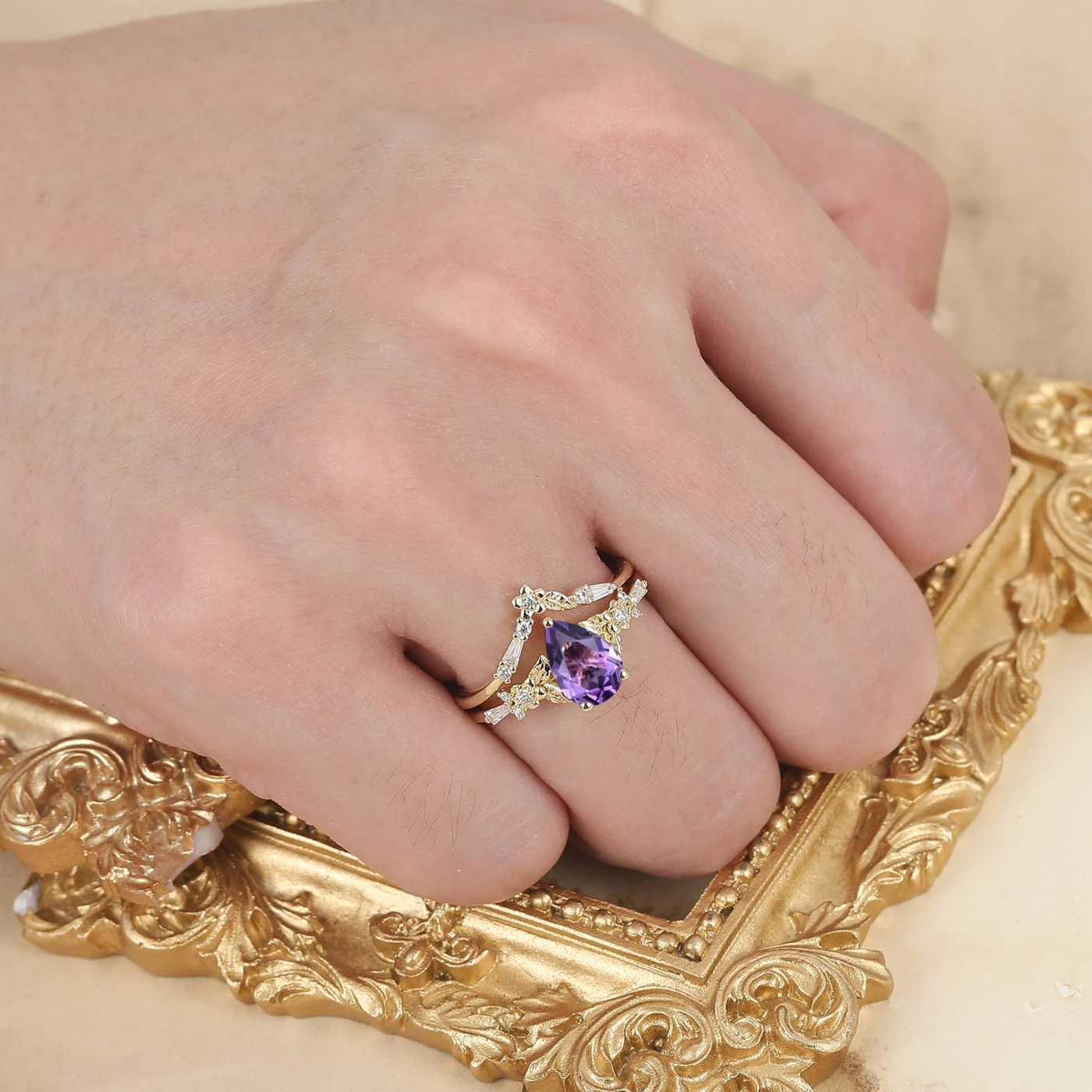 Nature Inspired Floral Amethyst Bridal Ring Pear Cut Vintage Gold Ring Stacking Set - view 6