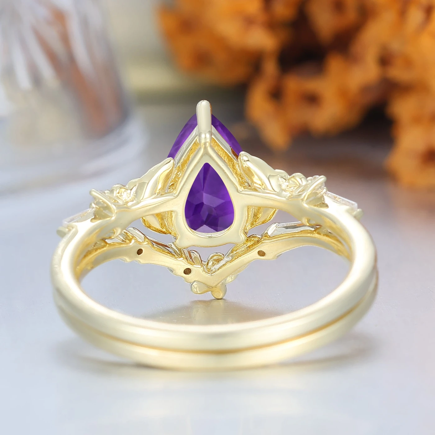 Nature Inspired Floral Amethyst Bridal Ring Pear Cut Vintage Gold Ring Stacking Set - view 5