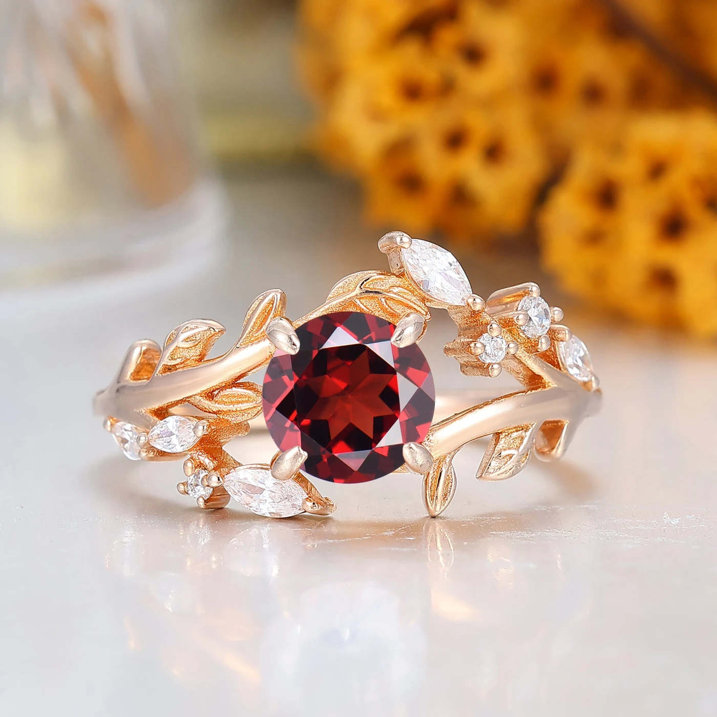 14k Rose Gold Natural Red round cut nature inspired Leaf Vine Bypass ring