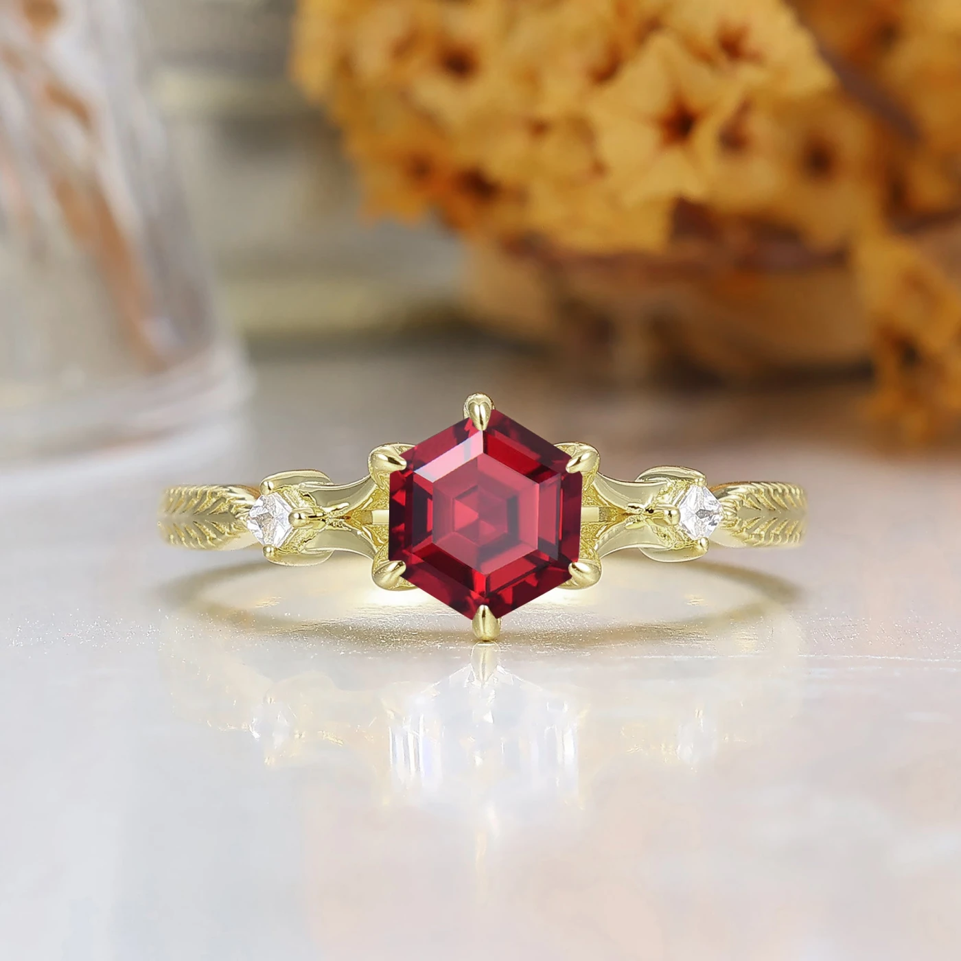 Artisan Carved Vintage Filigree Ring Hexagon S925 Red Garnet Ring Accents Ring Set