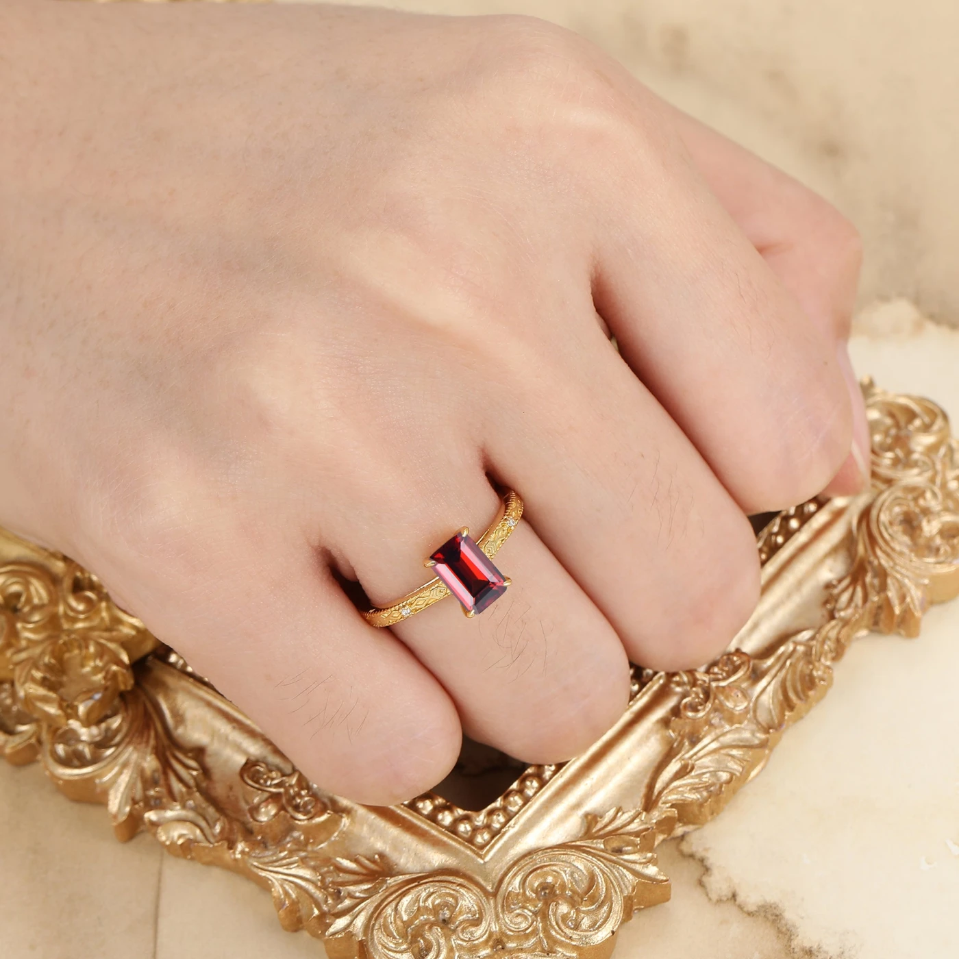 Emerald Cut Garnet Solitaire Ring S925 Red Garnet Ring Rectangle Red Gemstone Ring - view 5