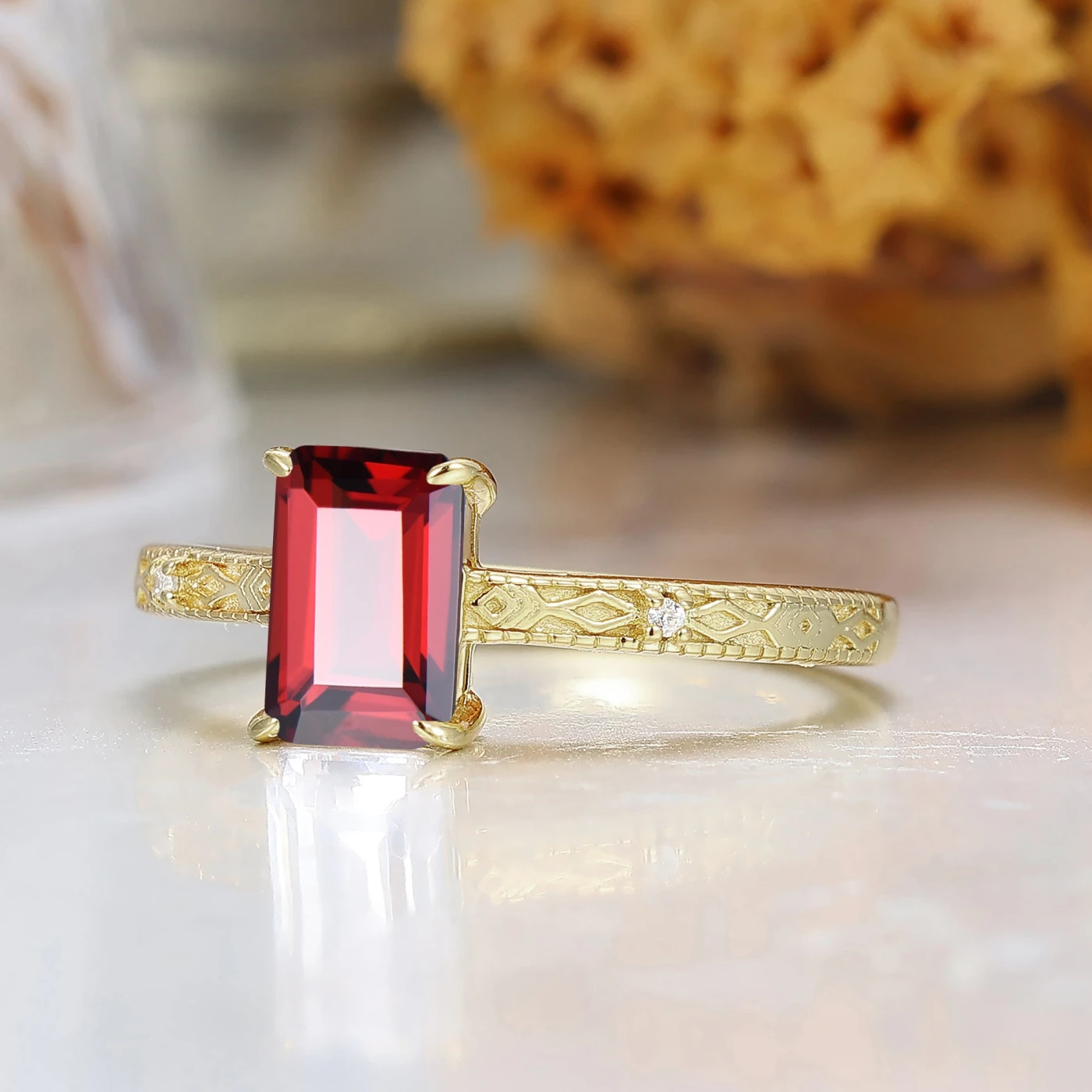 Emerald Cut Garnet Solitaire Ring S925 Red Garnet Ring Rectangle Red Gemstone Ring - view 2