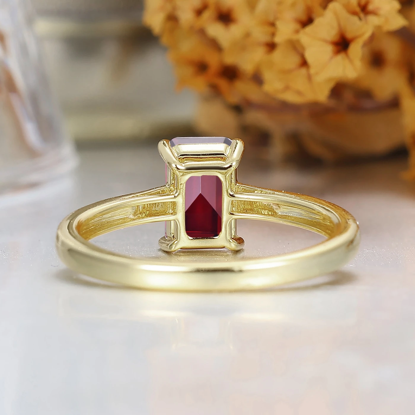 Emerald Cut Garnet Solitaire Ring S925 Red Garnet Ring Rectangle Red Gemstone Ring - view 4