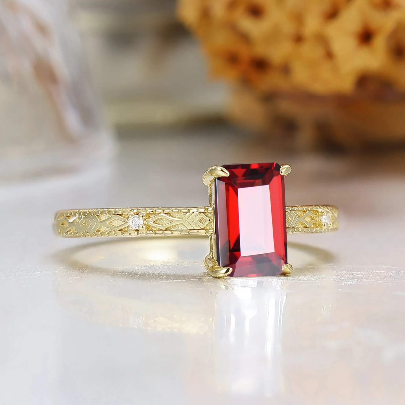 Emerald Cut Garnet Solitaire Ring S925 Red Garnet Ring Rectangle Red Gemstone Ring - view 3