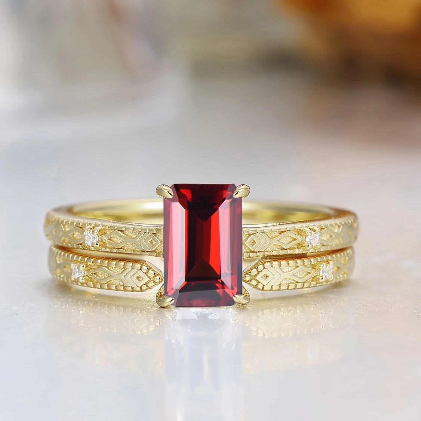 Emerald Cut Garnet Ring Textured Gold Band with Subtle Accents Rectangle Red