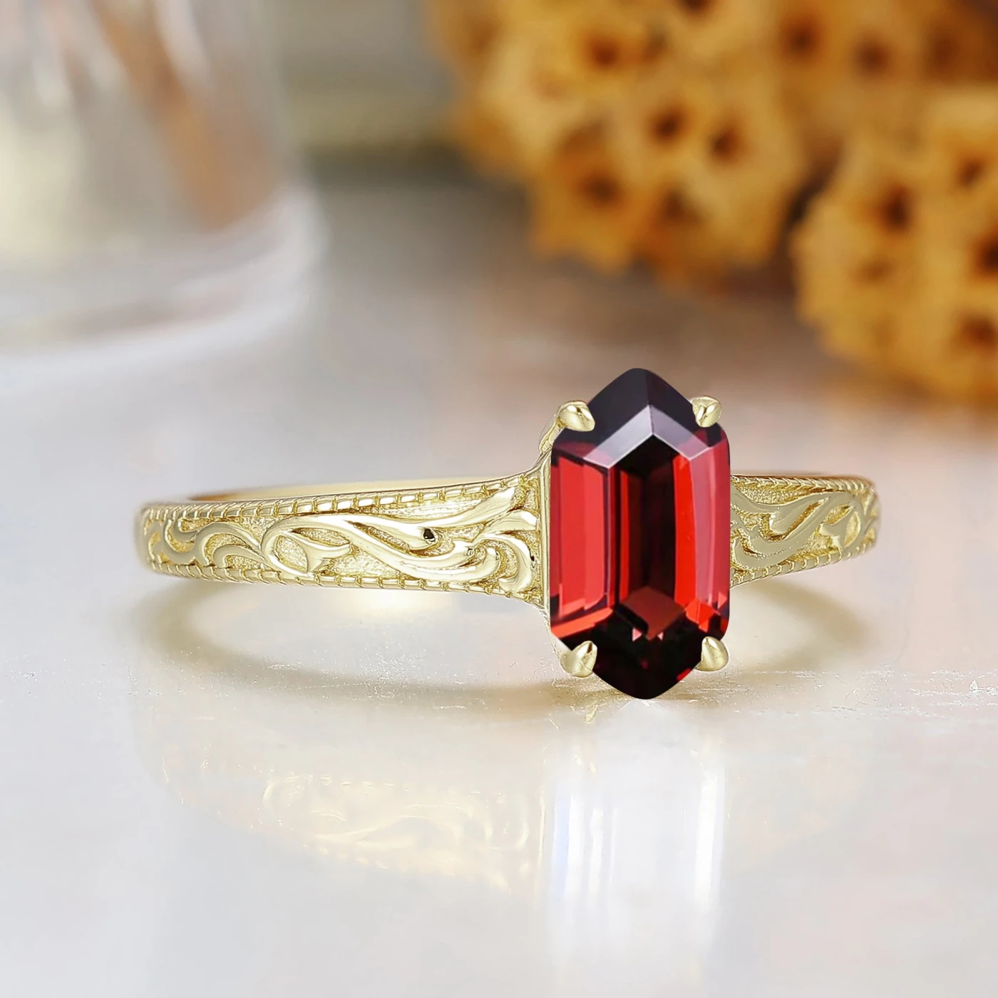 Elongated Hexagon Cut Garnet Ring Detailed Engraved Gold Ring Red Gemstone Ring - view 2