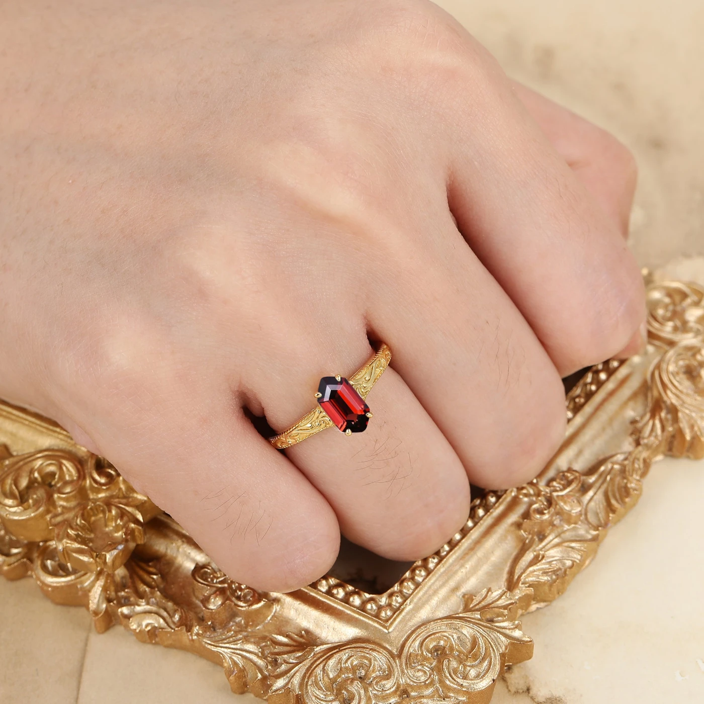 Elongated Hexagon Cut Garnet Ring Detailed Engraved Gold Ring Red Gemstone Ring - view 5